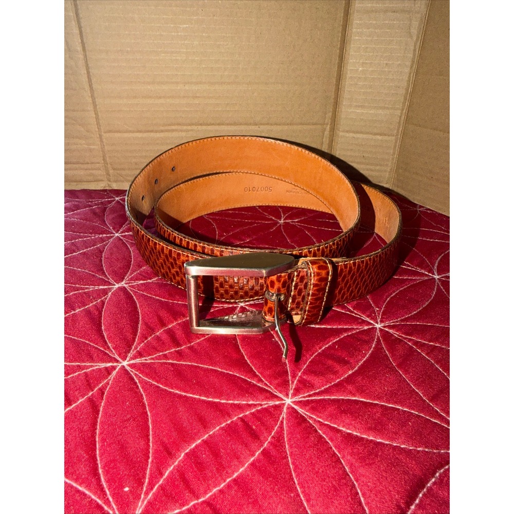Martin Dingman Mens Brown Embossed Calfskin Leather Belt Size 34 Hand Made USA